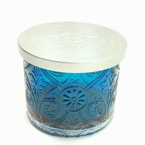 Round Glass Candle Holder Translucent Etched Floral Pattern Tumbler Style Blue